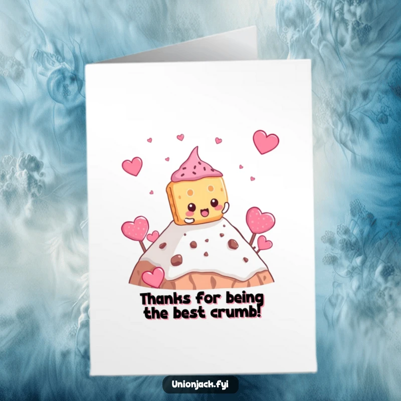 Funny Free Printable Thank You Card: Determined biscuit character comically climbing a teacake mountain, a cute way to express gratitude.