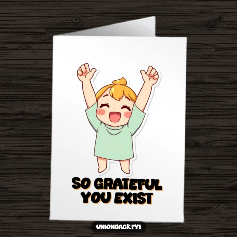Funny Free Printable Thank You Card depicting a character cheering heartily with arms raised in a gesture of thanks.