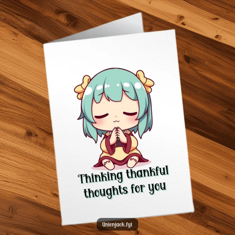 Funny Free Printable Thank You Card: Character with clasped hands, looking thoughtful, showing sincere gratitude, a downloadable token.