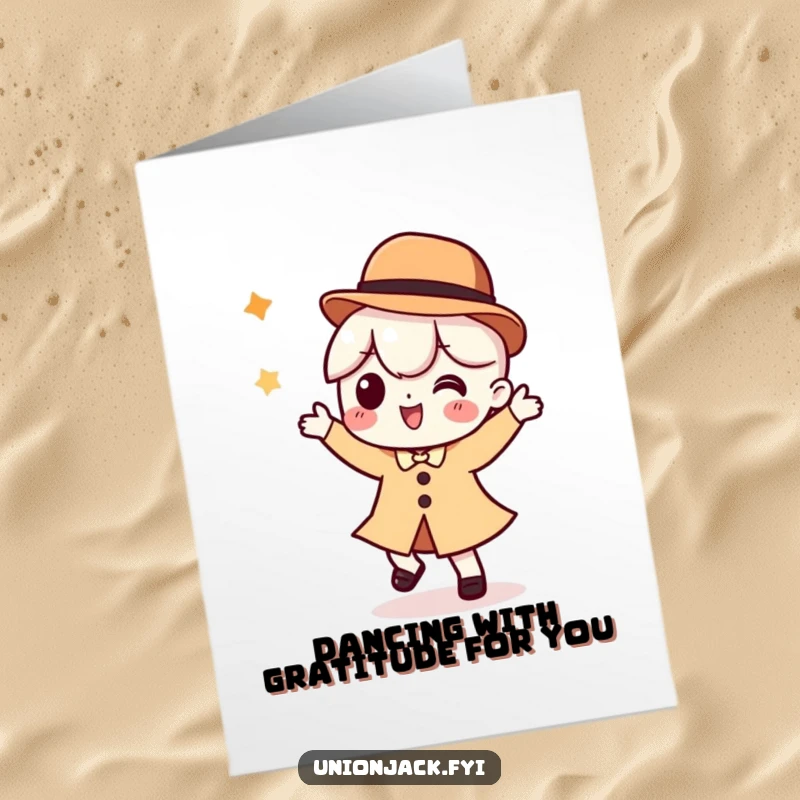 Funny Free Printable Thank You Card with a character in a bowler hat doing a happy, silly dance. DIY downloadable thanks.