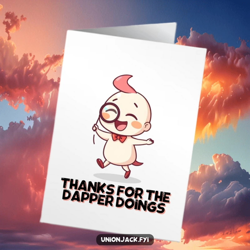 Funny Free Printable Thank You Card with a classy character performing a joyful jig while sporting a monocle, expressing thanks with elegance.