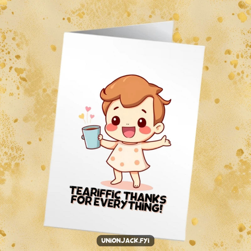 Funny Free Printable Thank You Card: A happy character dances with a tea cup, a humorous and heartwarming way to say thanks.