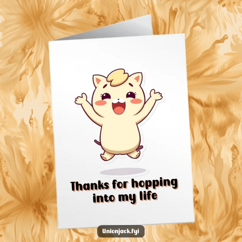 Funny Free Printable Thank You Card: Character in a joyful hop, expressing thanks with energy, a great downloadable gesture.