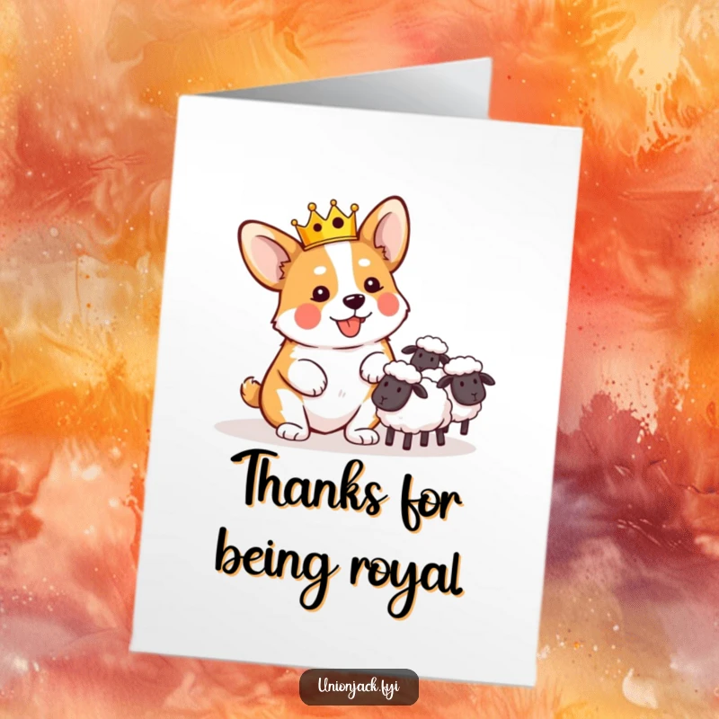 Funny Free Printable Thank You Card: Playful Corgi in Miniature Crown Comically Herding Sheep
