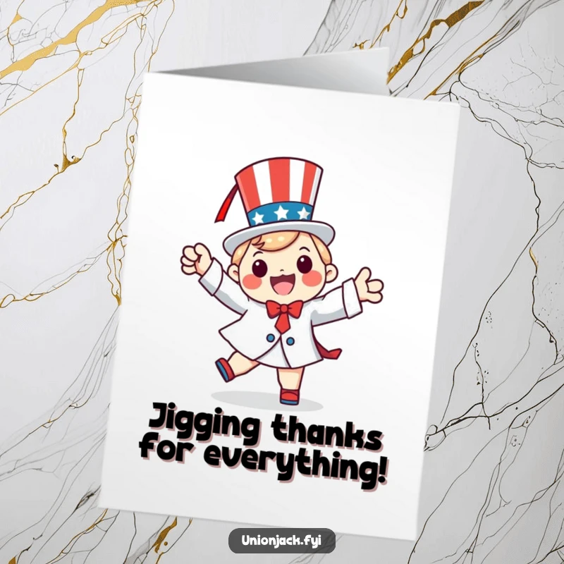 Funny Free Printable Thank You Card: A happy character does a patriotic jig, expressing thanks with energetic, humorous flair.