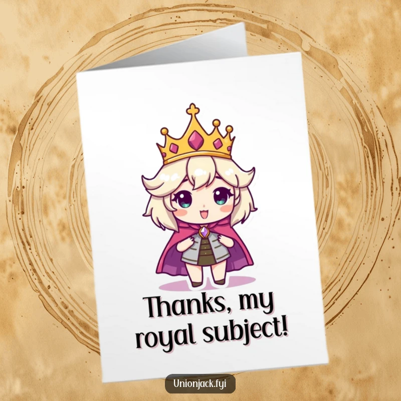 Funny Free Printable Thank You Card: Character in a crown and cape, giving a dignified nod of thanks.