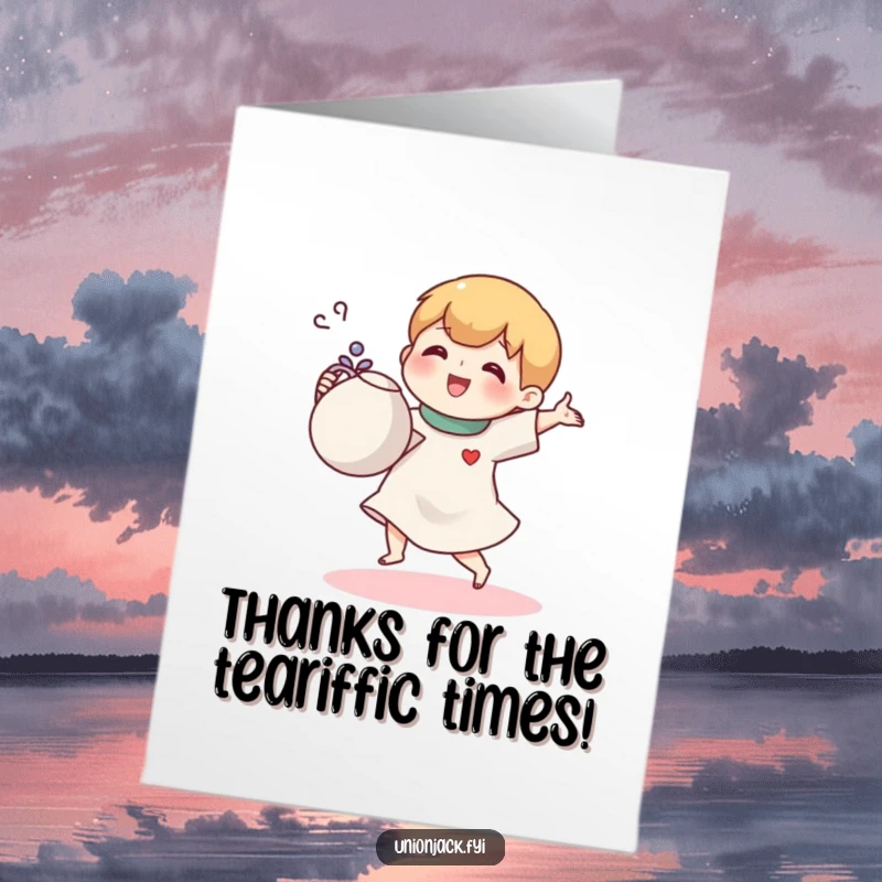 Funny Free Printable Thank You Card: Small character joyfully doing a jig with a teapot, expressing thanks with glee.