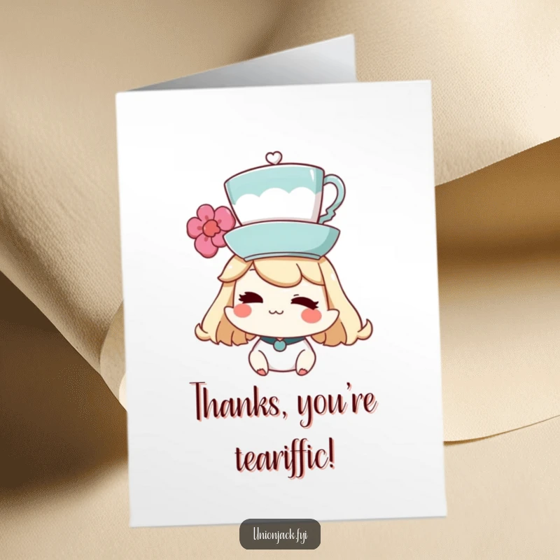 Funny Free Printable Thank You Card with a character playfully winking while balancing a teacup perfectly on their head.