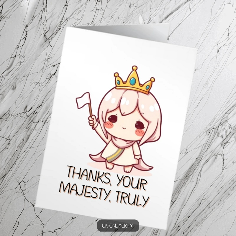 Funny Free Printable Thank You Card: Character wearing a tiny crown waves a small flag. Regal, humorous downloadable thank you.