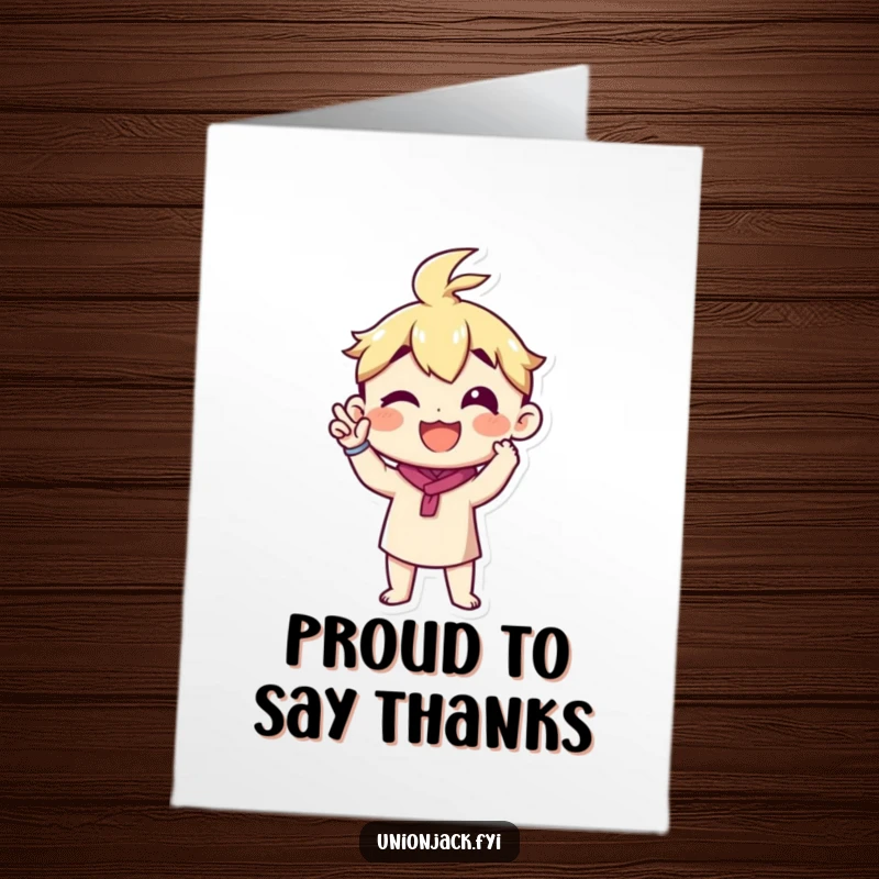 Funny Free Printable Thank You Card: Character making a funny, proud announcement gesture, conveying humorous and heartfelt thanks with confidence.