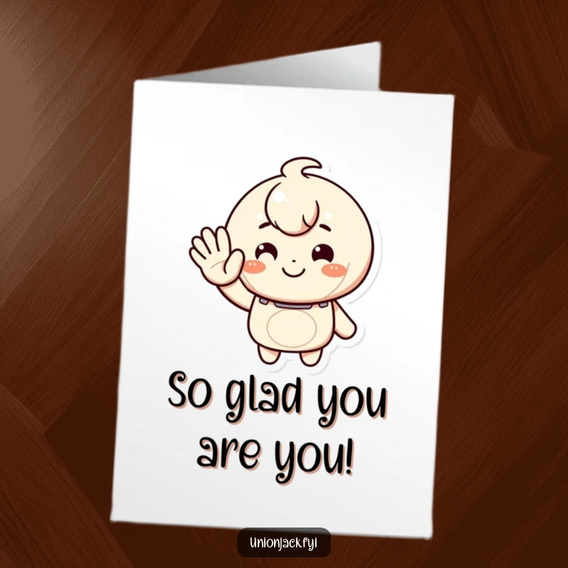 Funny Free Printable Thank You Card: Character offering a warm, inviting wave and a friendly smile to express genuine and humorous thanks.