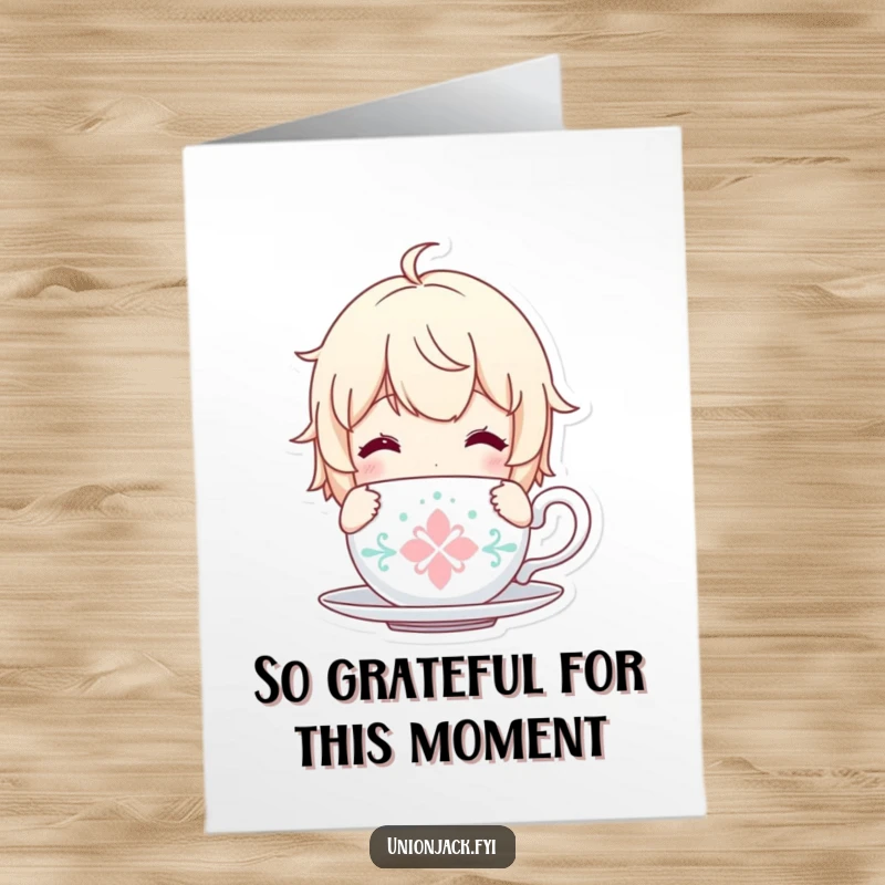 Funny Free Printable Thank You Card: Character with a tea cup, looking content, expressing thanks peacefully, a downloadable comfort.