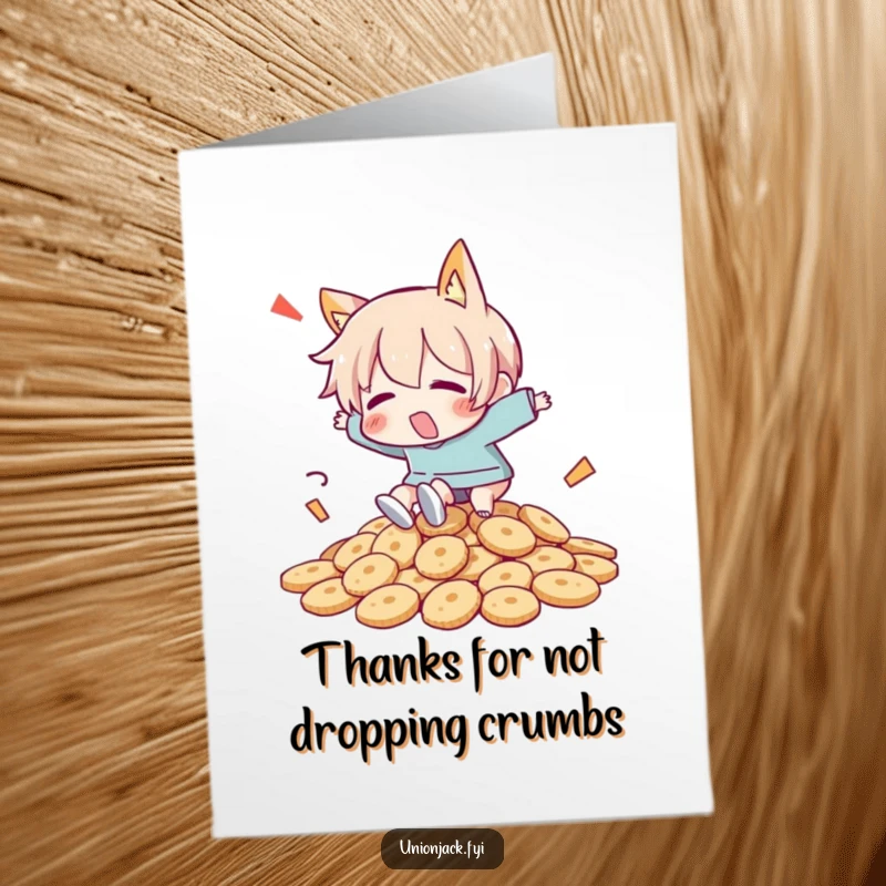 Funny Free Printable Thank You Card illustrating a character humorously tripping over a massive stack of biscuits as a quirky thank you.