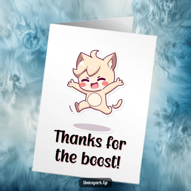 Funny Free Printable Thank You Card of a character leaping with playful determination, conveying strong gratitude.