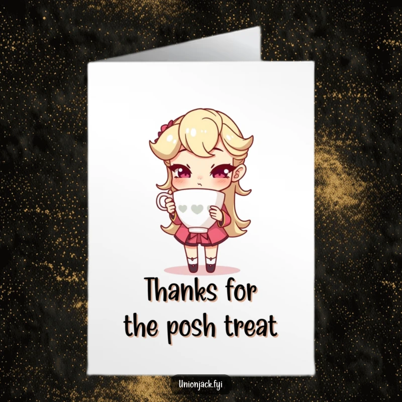 Funny Free Printable Thank You Card: Character in an exaggeratedly sophisticated pose, delicately holding a teacup to convey a fancy thank you.
