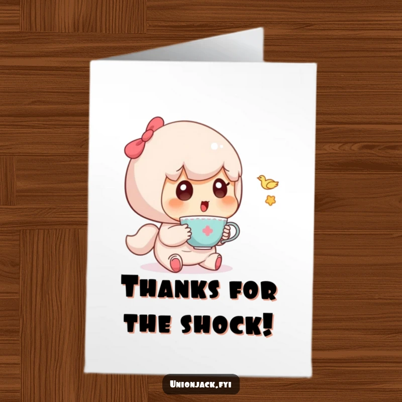 Funny Free Printable Thank You Card depicting a cute character looking shocked as a tiny teacup zooms past them.