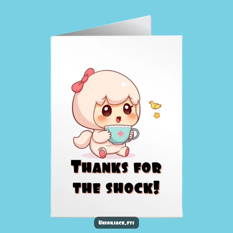 Free Printable Thank You Card: Surprised Character, Flying Teacup - Unique Downloadable Gratitude Gift
