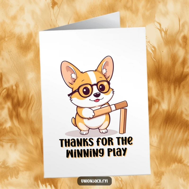 Funny free printable thank you card: A distinguished corgi in a monocle plays cricket, offering thanks politely.