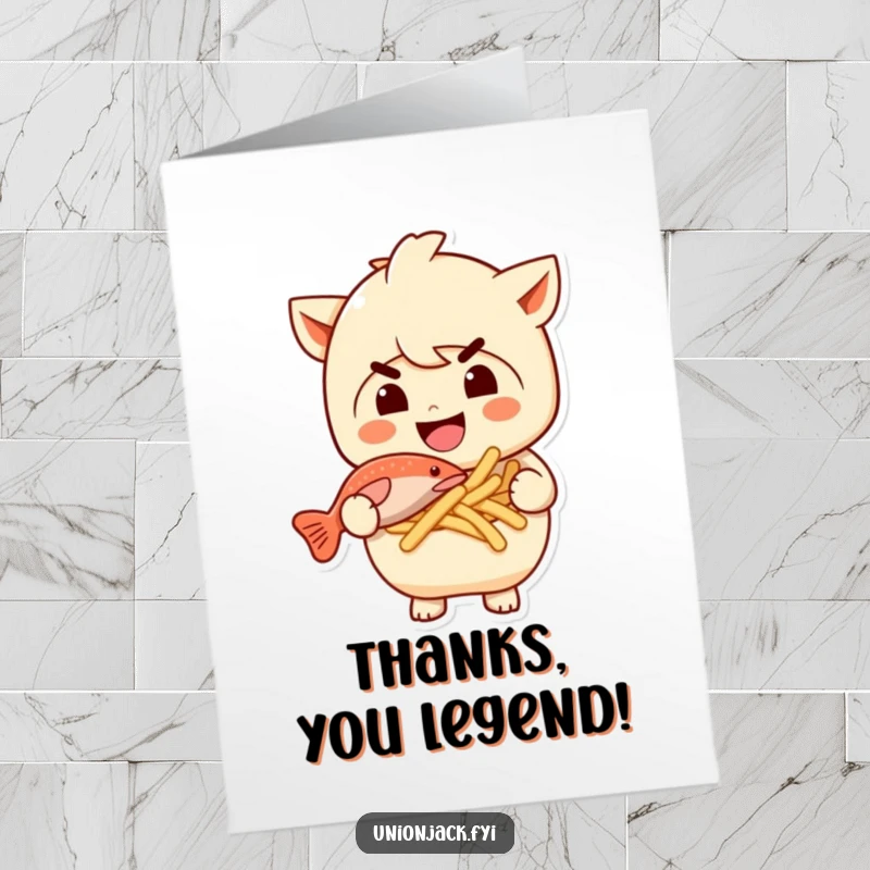 Funny Free Printable Thank You Card with a character giving a cheeky grin while holding a generous serving of fish and chips.