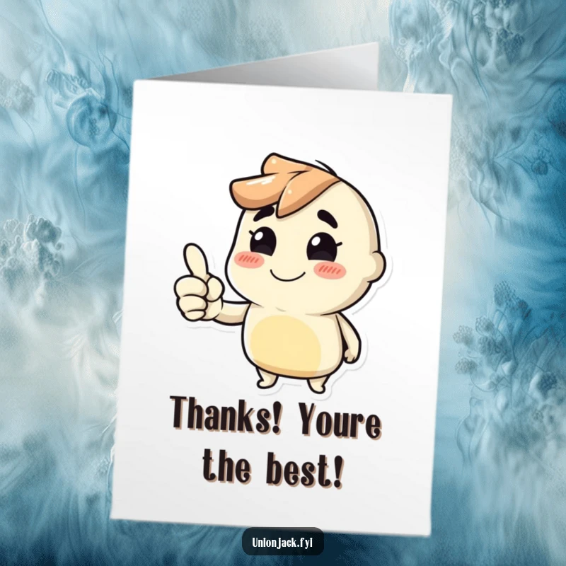 Funny free printable thank you card showing a character delivering a hearty thumbs up and a cheeky grin, expressing thanks.