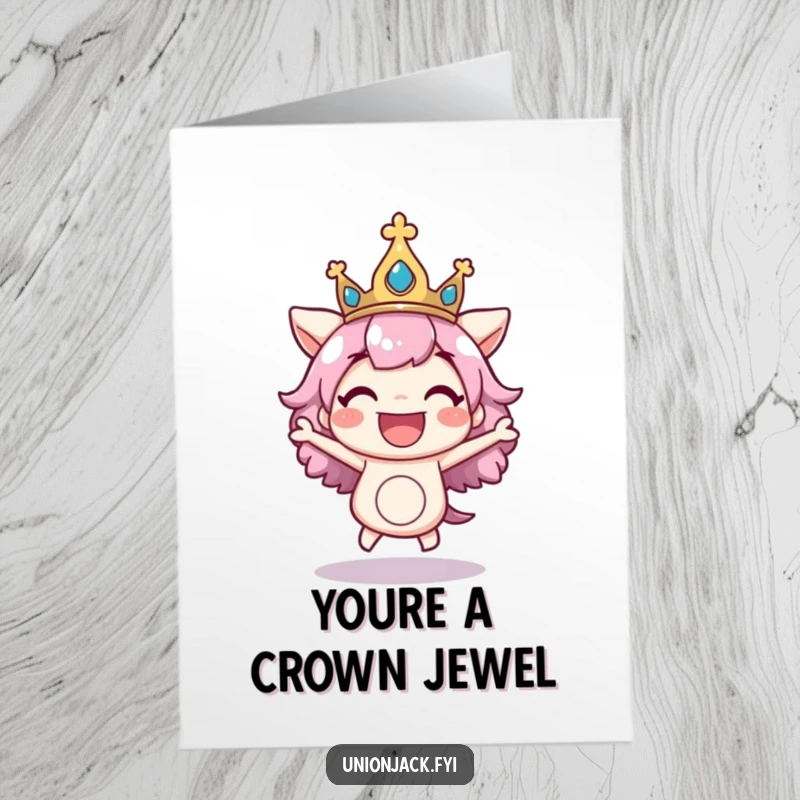 Free Printable Thank You Card: Character excitedly bounces with a regal crown askew, a fun and energetic way to say thanks.