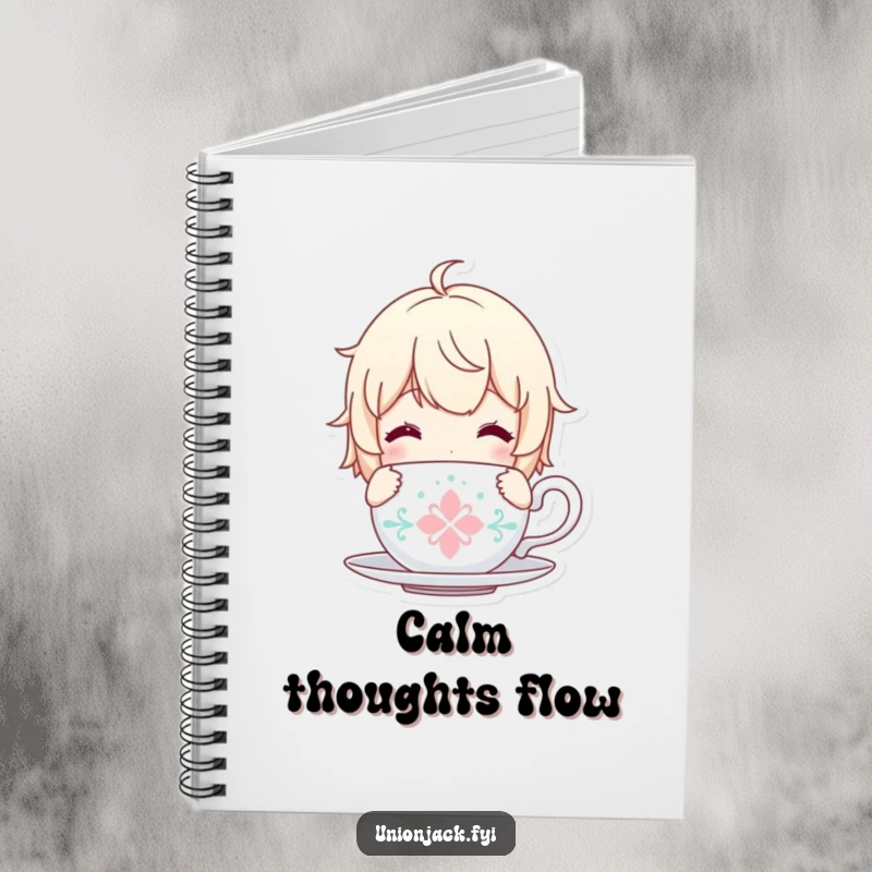 Funny notebook with a content character holding a tea cup, ideal for writing and peaceful thoughts.