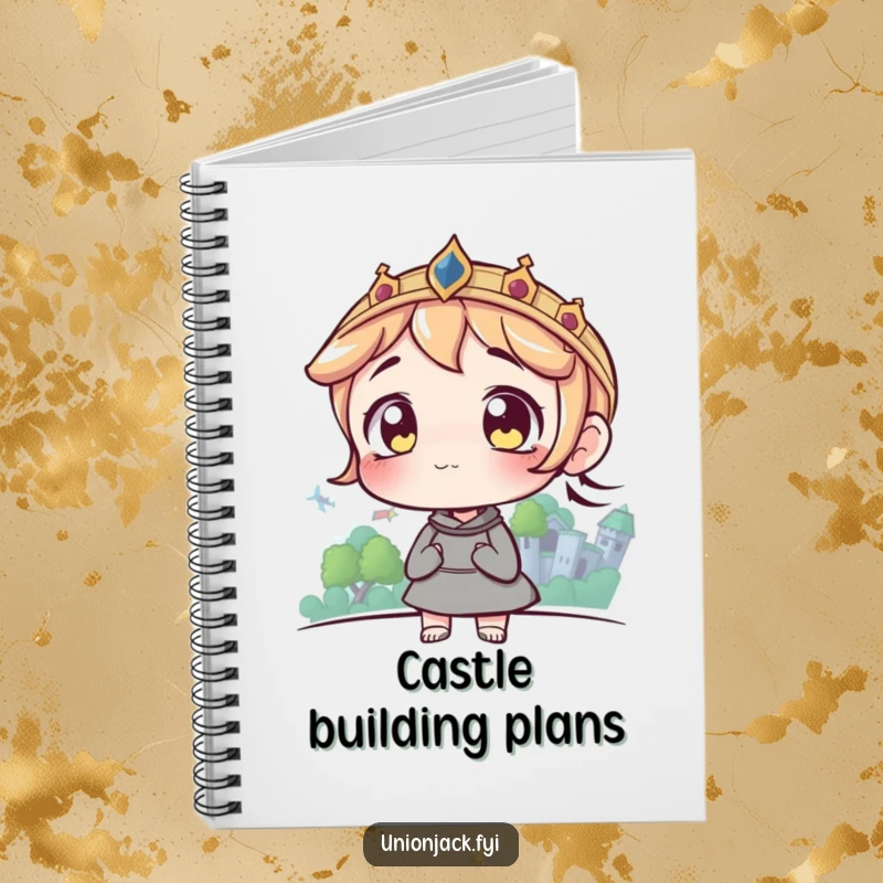 Funny notebook cover with a character having wide eyes looking at a distant castle, perfect for jotting down ambitious ideas.