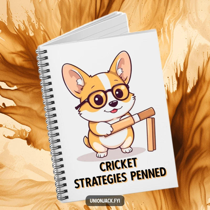 Funny corgi notebook cover shows a determined corgi in a monocle, holding a cricket bat, inspiring focused and humorous note-taking.