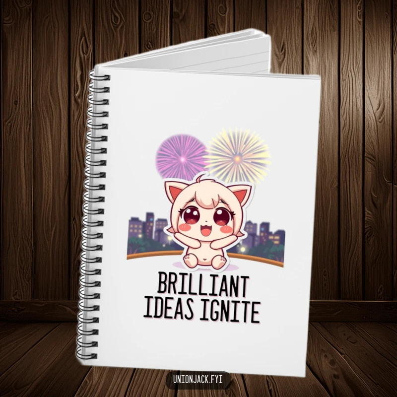 Funny notebook featuring a cute character with wide, excited eyes looking at a fireworks display, perfect for notes.