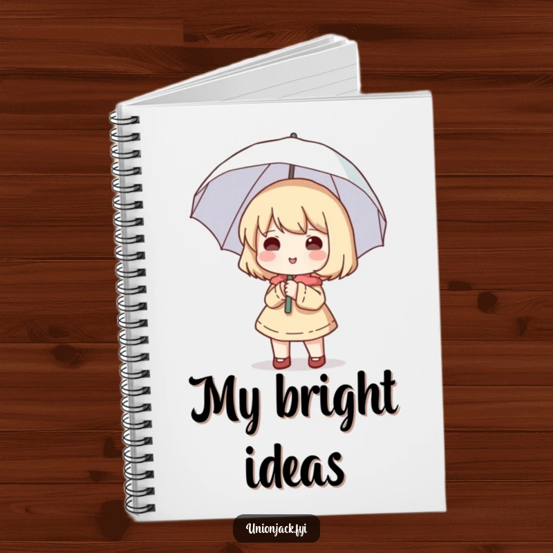 Funny notebook featuring a cute character happily holding a small umbrella open, despite no rain, perfect for notes.