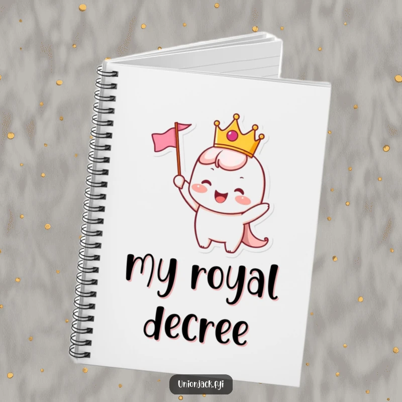 Funny Notebook: Cheerful crowned character waves a flag, inspiring joyful note-taking and celebrations.