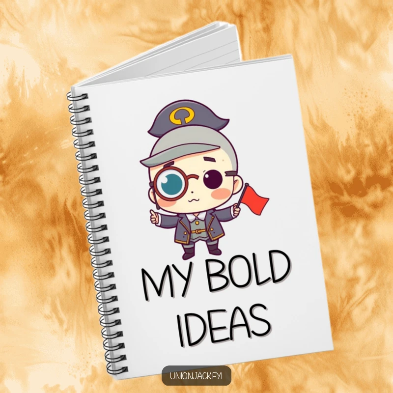 Funny notebook featuring a character wearing a monocle, proudly holding a small flag, perfect for jotting down ideas with distinguished flair.
