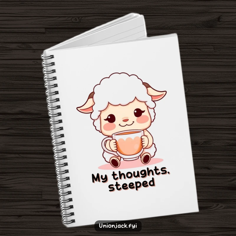Funny notebook displaying a sheepish character with a shy smirk, offering a cup of tea, perfect for jotting down notes with a humorous flair.