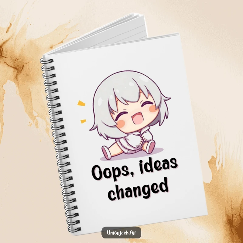 Funny notebook with a character comically tripping but smiling, ideal for capturing notes and ideas.