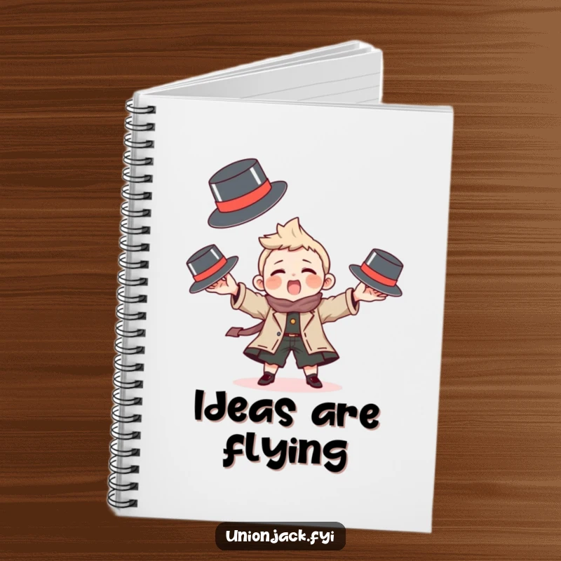 Funny notebook with a character playfully juggling tiny bowler hats, ideal for humorous note-taking.