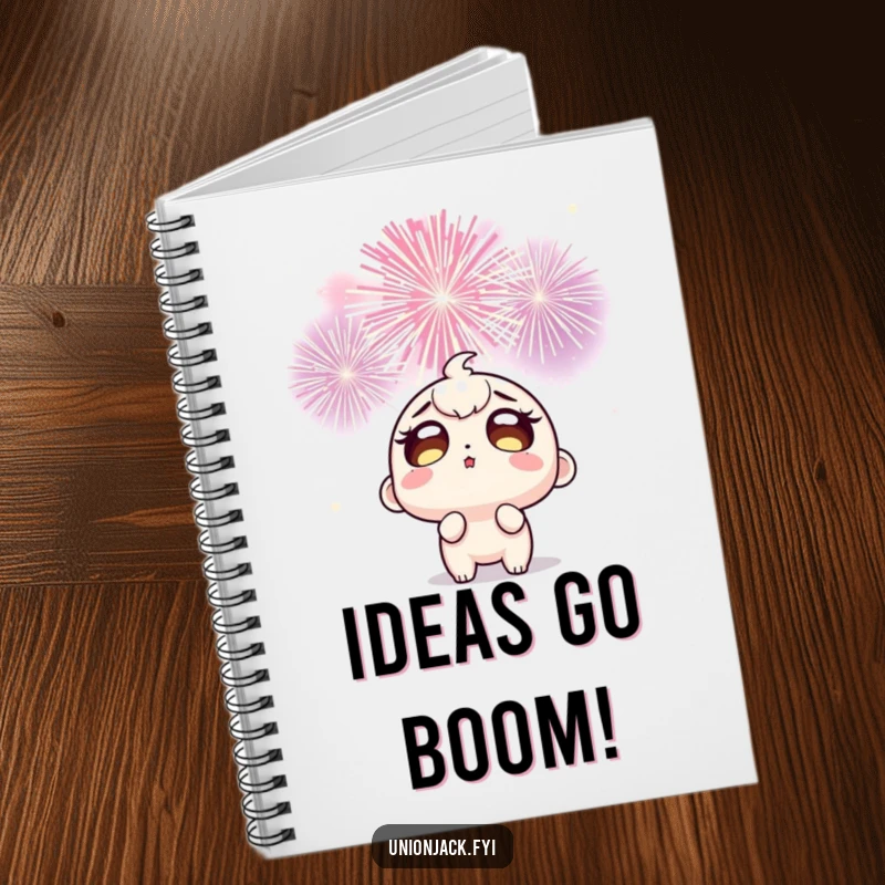 Funny notebook cover featuring a wide-eyed character gazing in awe at a spectacular burst of celebratory fireworks, perfect for note-taking.