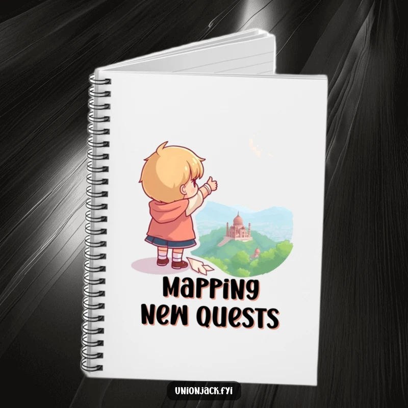 Funny notebook with a character pointing towards a landmark, ideal for notes, travel plans, and ideas.
