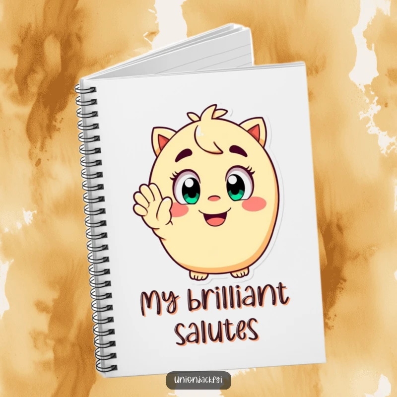 Funny notebook with a happy character, wide eyes, and a playful grin, giving a cheerful salute, perfect for jotting down thoughts with humor.
