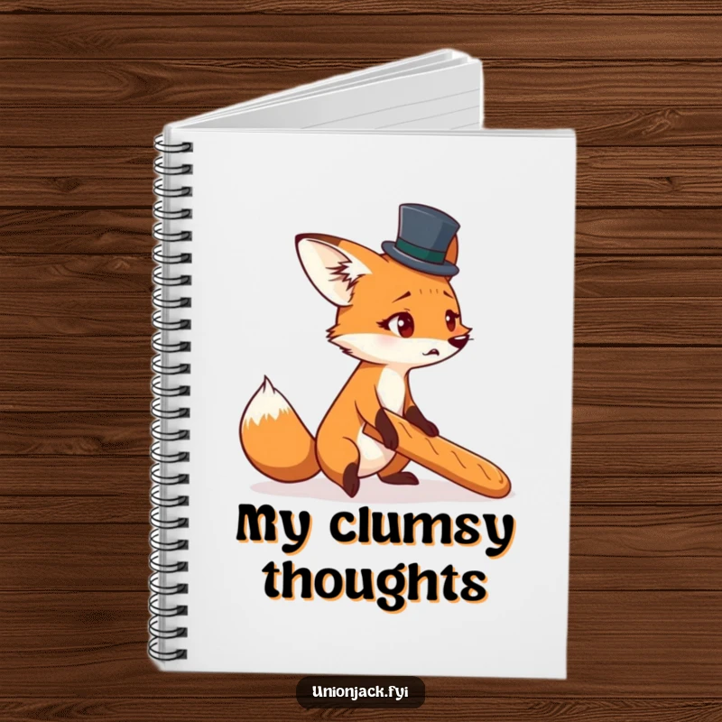 Funny notebook with a startled fox in a tiny top hat, comically tripping over a baguette, for creative notes.