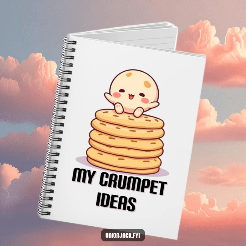 Funny notebook featuring a character balancing on a stack of crumpets, ideal for jotting down funny ideas or recipes. Humorous stationery.