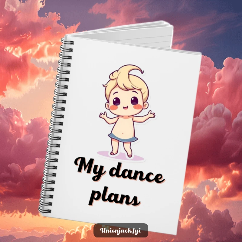 Funny notebook cover with a character doing a silly, proud dance with wiggling hips, ideal for jotting down notes with a rhythmic, humorous theme.