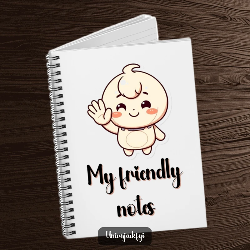 Funny notebook cover with a character giving a warm, inviting wave and a smile, ideal for jotting down notes with a friendly, humorous theme.