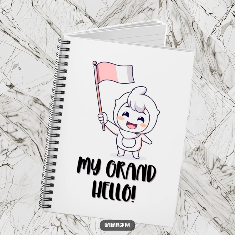 Funny notebook featuring a cheerful character enthusiastically waving a flag, perfect for jotting down spirited ideas.