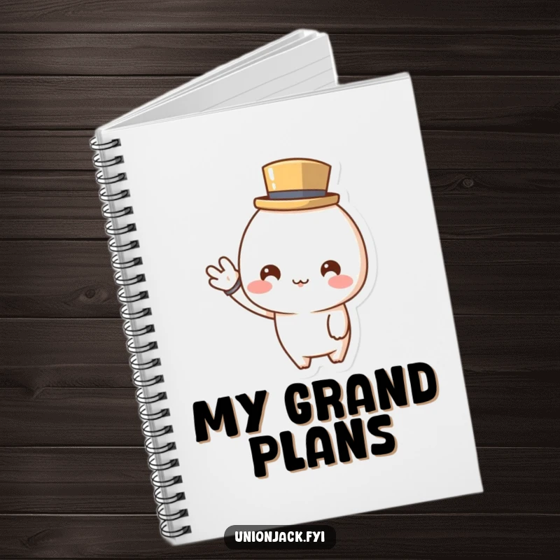 Funny notebook featuring a cute character in a tiny top hat, cheerfully waving, perfect for jotting down notes with dapper charm.