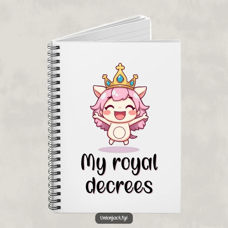 Funny notebook featuring a character excitedly bouncing with a regal crown askew, perfect for jotting down ideas with regal flair and joy.