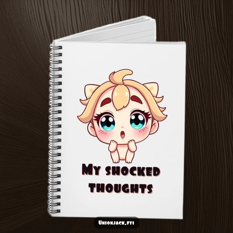 Funny notebook with a surprised character's wide eyes and raised eyebrows on the cover, ideal for jotting down humorous thoughts.