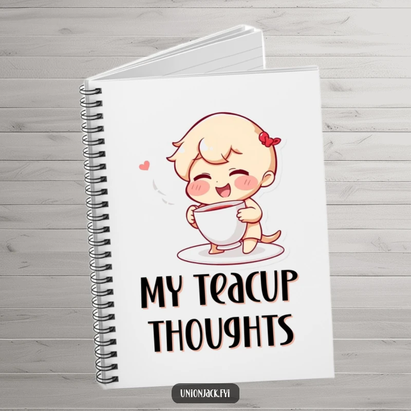 Funny notebook with a giggling character, rosy cheeks, playfully throwing a teacup, perfect for jotting down notes with a humorous touch.