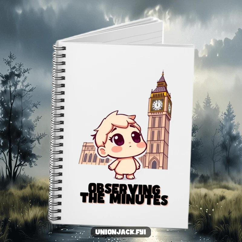 Funny notebook with a curious character looking questioningly at Big Ben, perfect for travel notes and ideas.