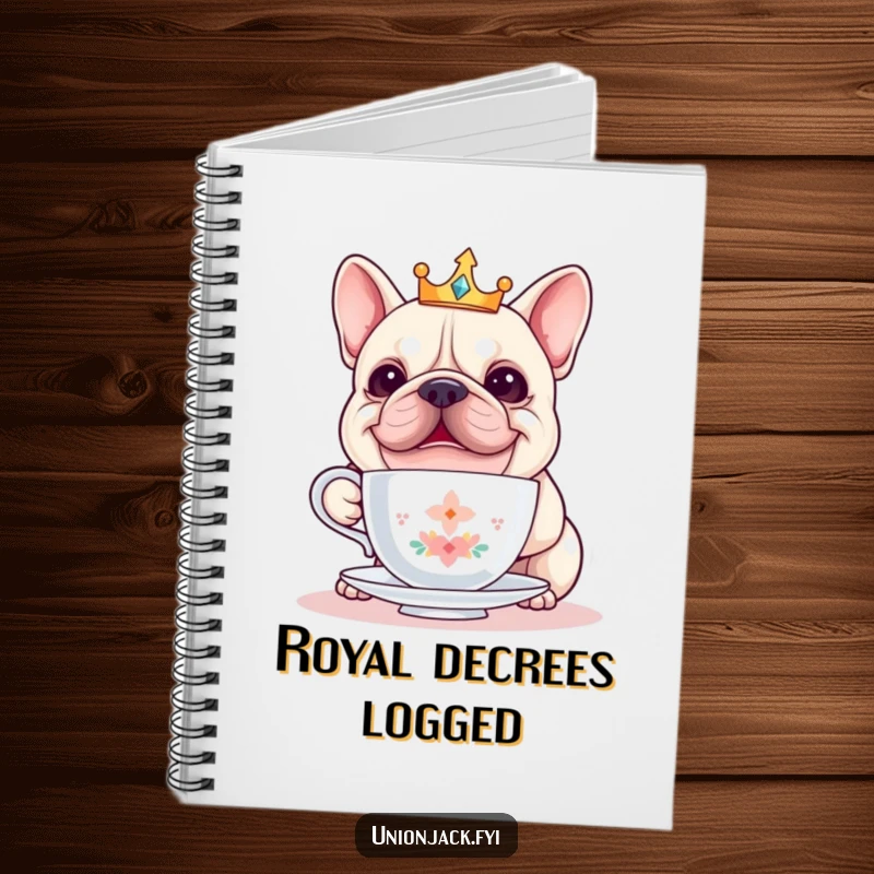 Funny bulldog notebook cover features a cheerful bulldog wearing a crown, balancing a teacup, inspiring creative and humorous note-taking.