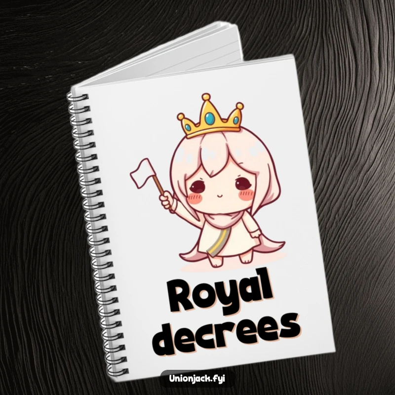Funny notebook cover featuring a character in a tiny crown waving a flag, inspiring regal and humorous notes.